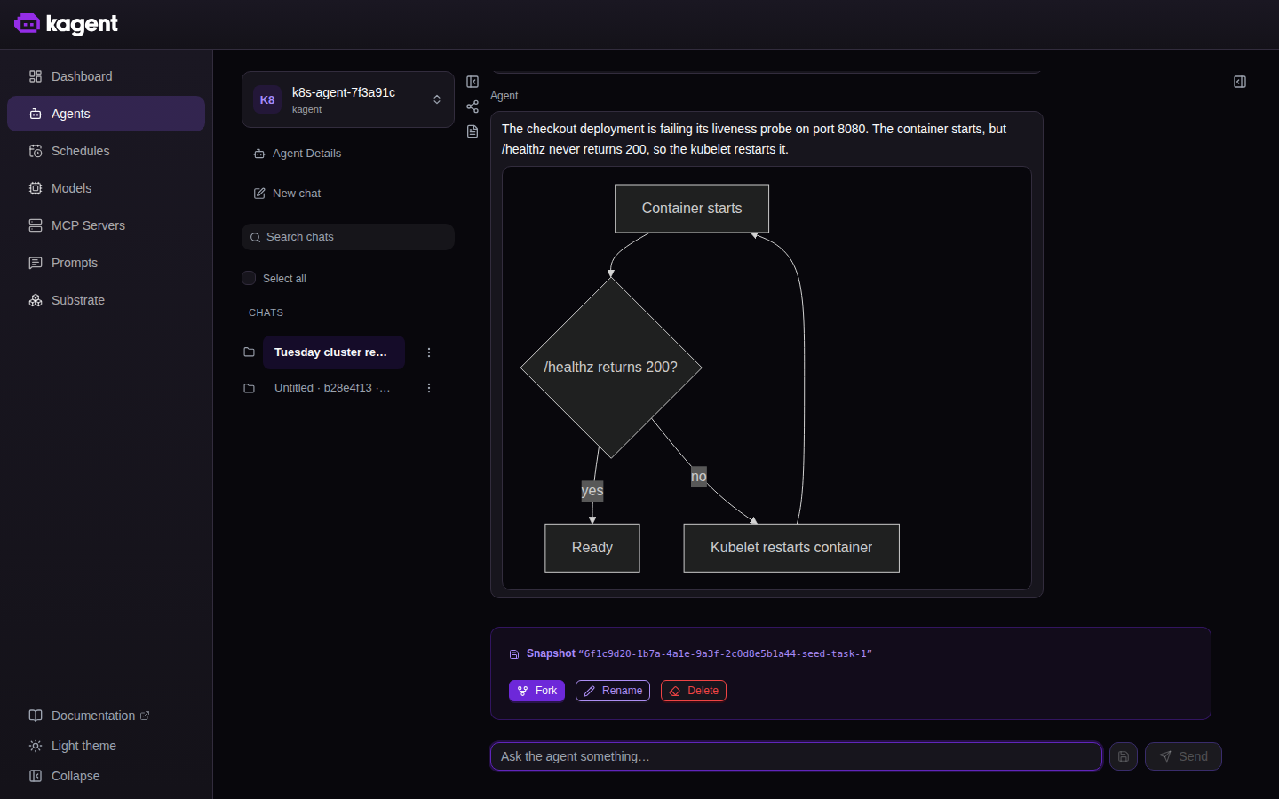 A conversation with an agent, showing a named snapshot and the controls on its mark